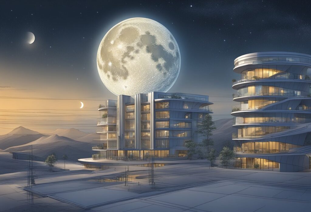 A full moon rising behind an office building. Reflectors need to wait a full lunar cycle before making decisions.